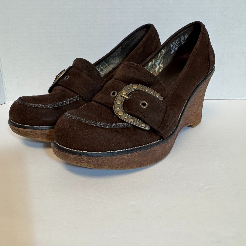 VTG Wedge Loafers 90s Y2K Brown Faux Suede Buckle Accent Sz 7.5 Lower East Side
